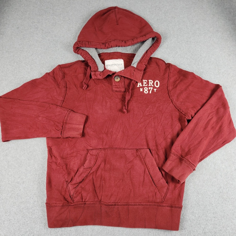 Aeropostale Hoodie Unisex Medium Maroon Fleece Lined Kangaroo Pocket Pullover
